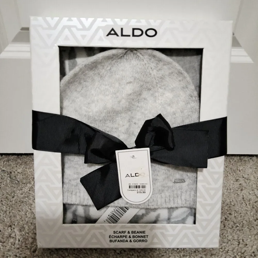 Aldo Women's Scarf & Beanie Gift Set Gray & White New w/ Tags